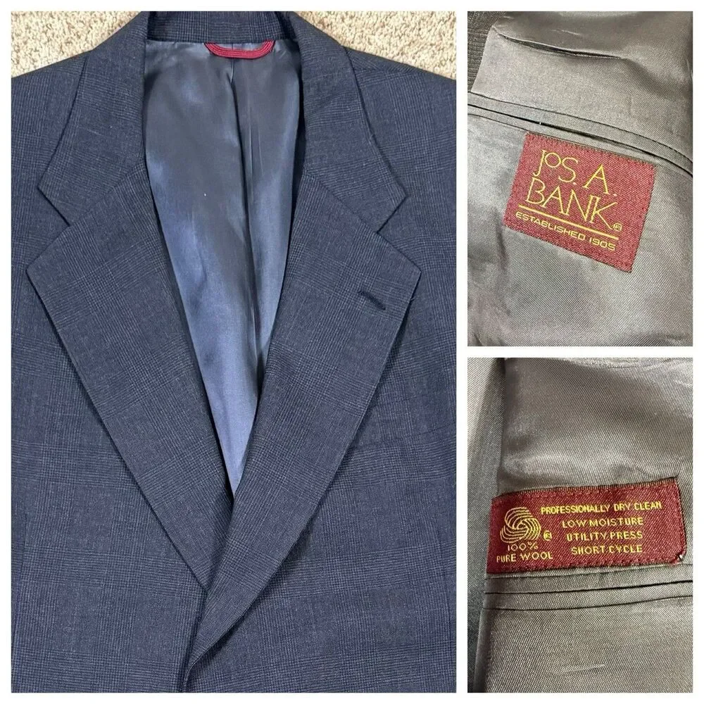 Jos. A. Bank 100% Wool Glen Plaid sport coat Grey 48L Classic two button Blazer